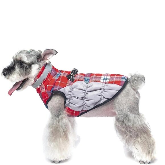 BeautyZoo Plaid Dog Coat Jacket M Fleece Harness Built in Reflective Waterproof - Picture 1 of 4